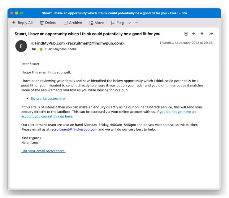 Example Personalised Candidate Email sent to a matched candidate