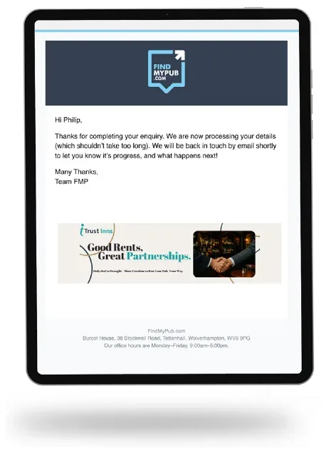 Email banner displayed within a FindMyPub.com enquiry confirmation email
