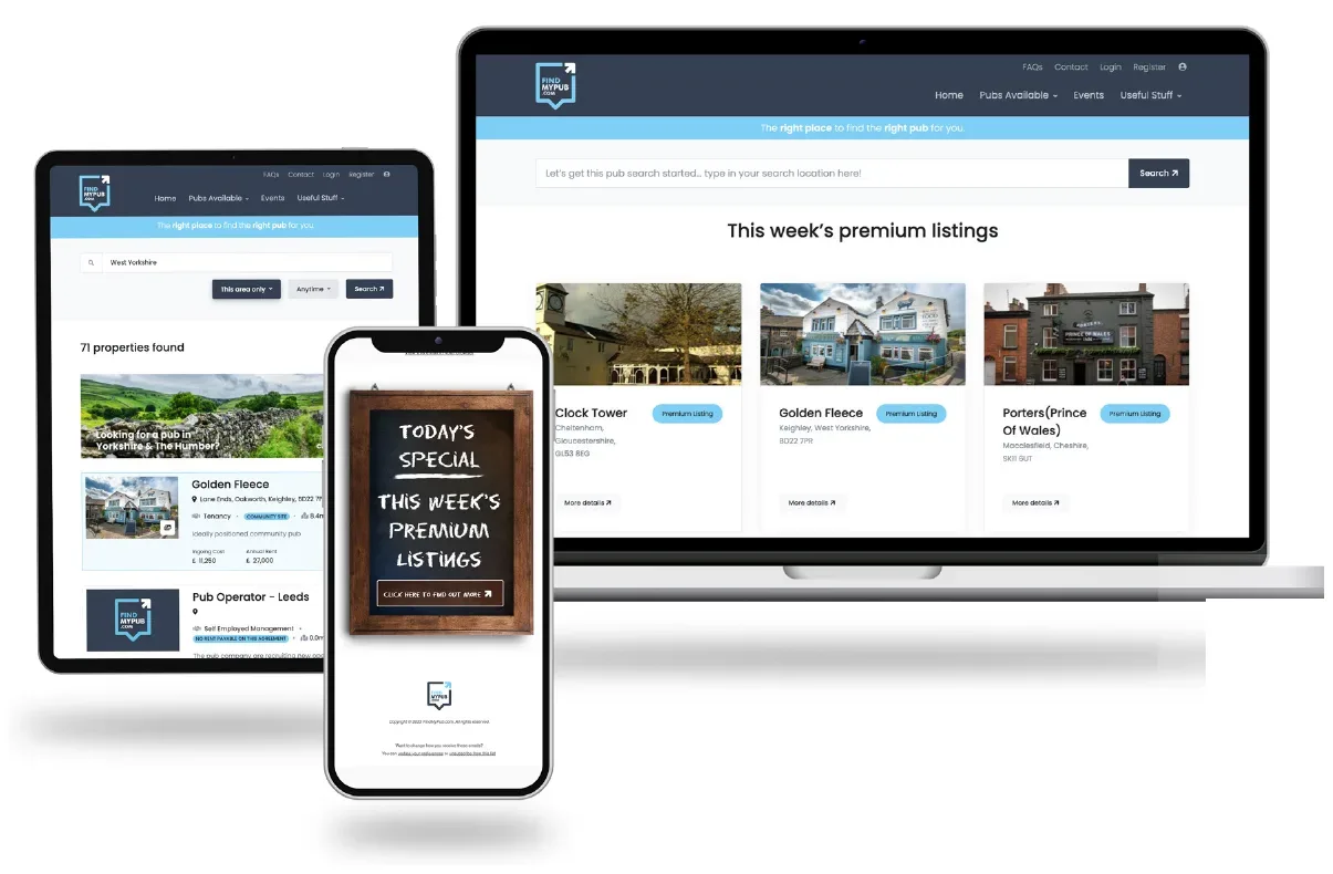 Pub Premium Listings shown on the FindMyPub.com homepage, in search results and in the weekly Premium Listing email
