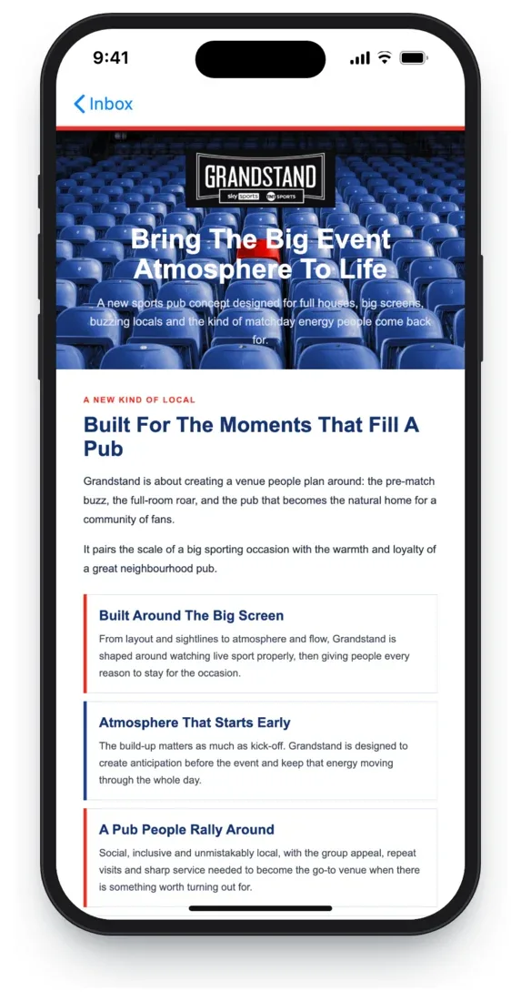 Example Dedicated Email Campaign introducing the Grandstand sports pub concept, shown on a mobile phone